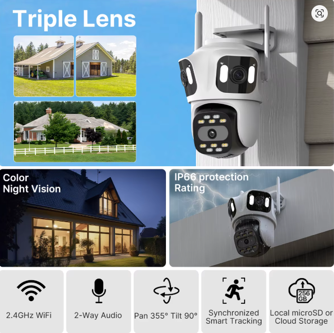 Three Lens PTZ IP Outdoor Camera