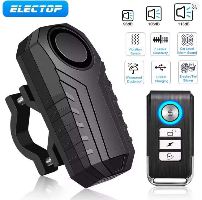 ELECTOP Bicycle Alarm 113dB Anti-Theft Wireless Vibration Remote Control Bike Motorbike Alarm